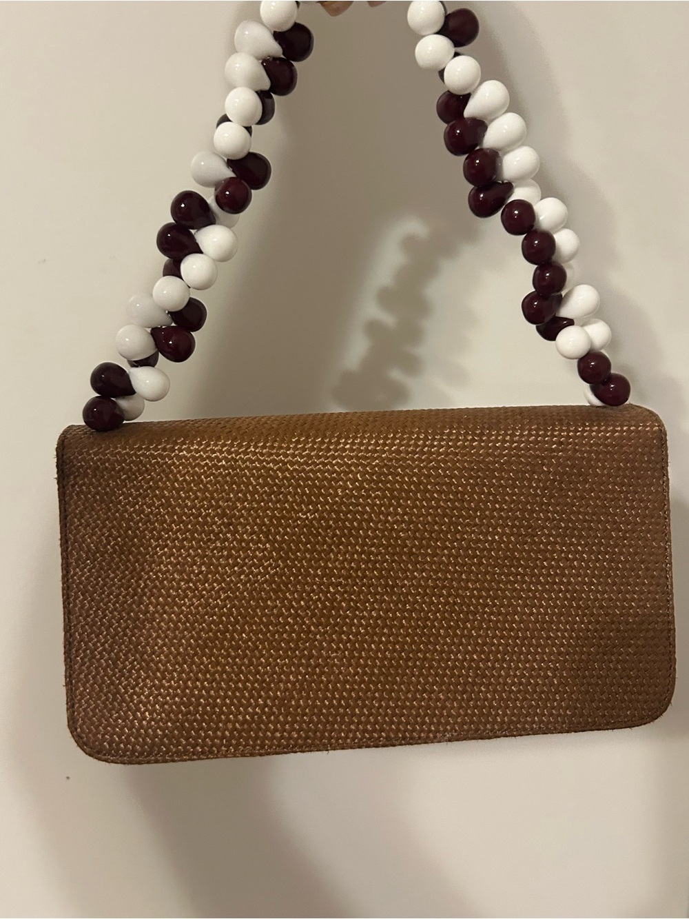 Renaud Pellegrino Brown Woven Clutch with White and Burgundy Beaded Handle